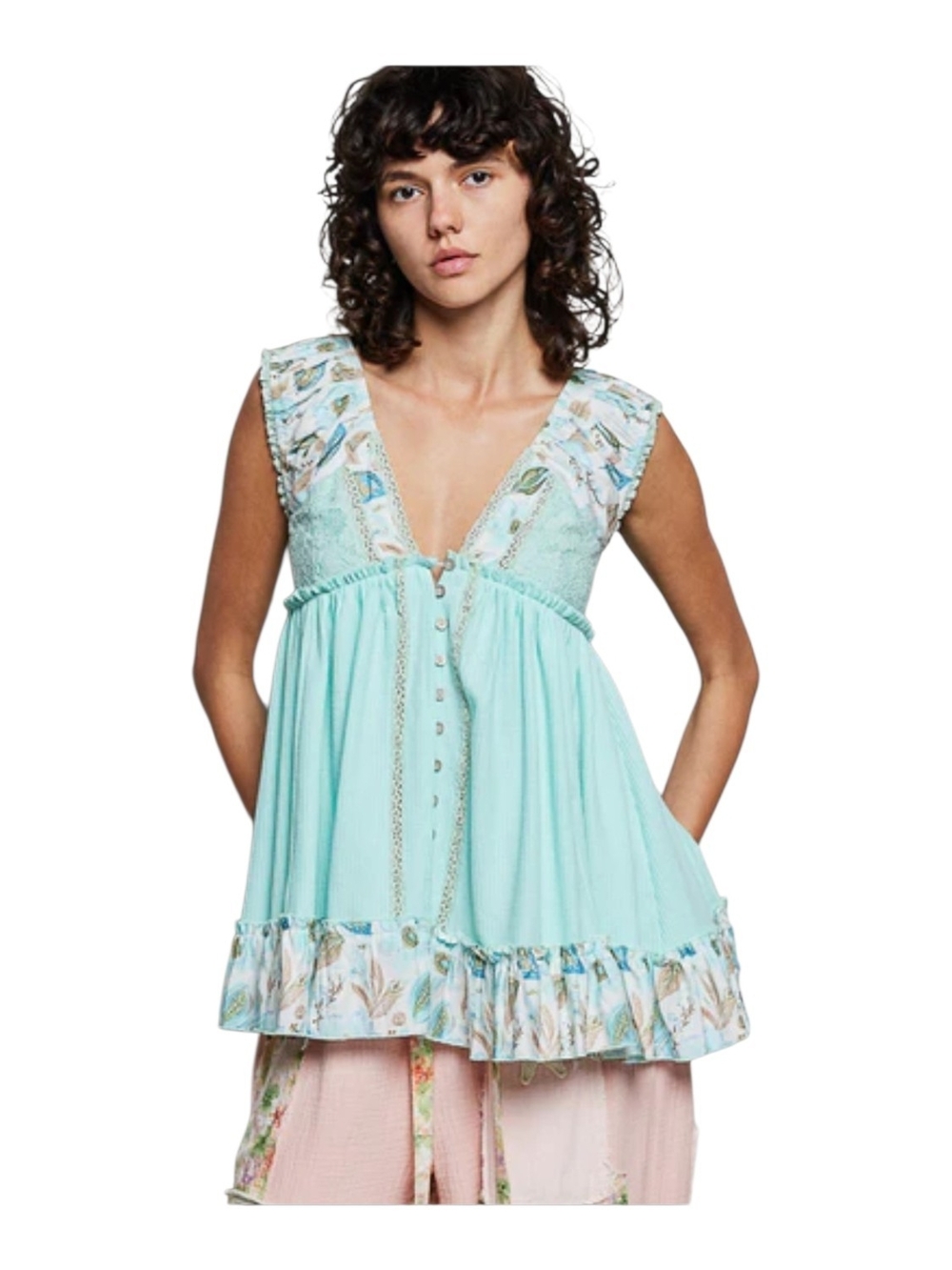POL Aqua V-Neck Embroidered Ruffle Babydoll Camisole